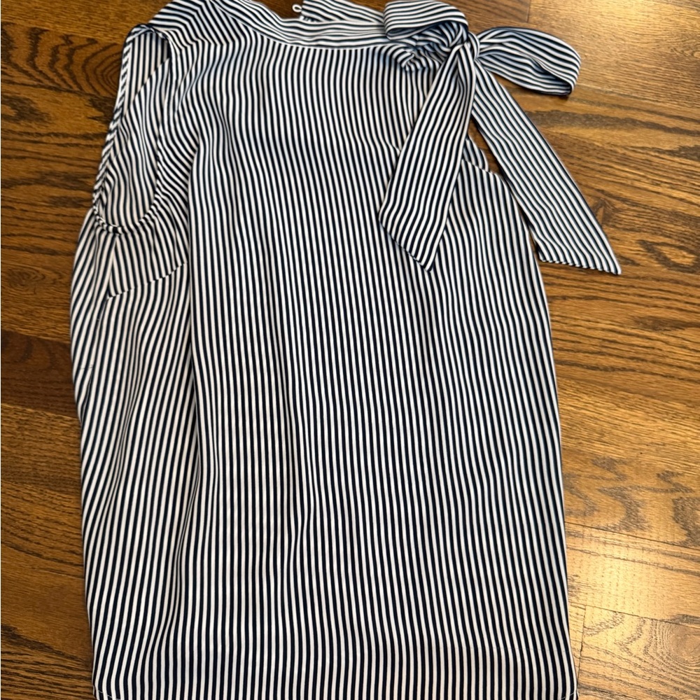 LOFT Striped Navy and White Dress with Bow Detail